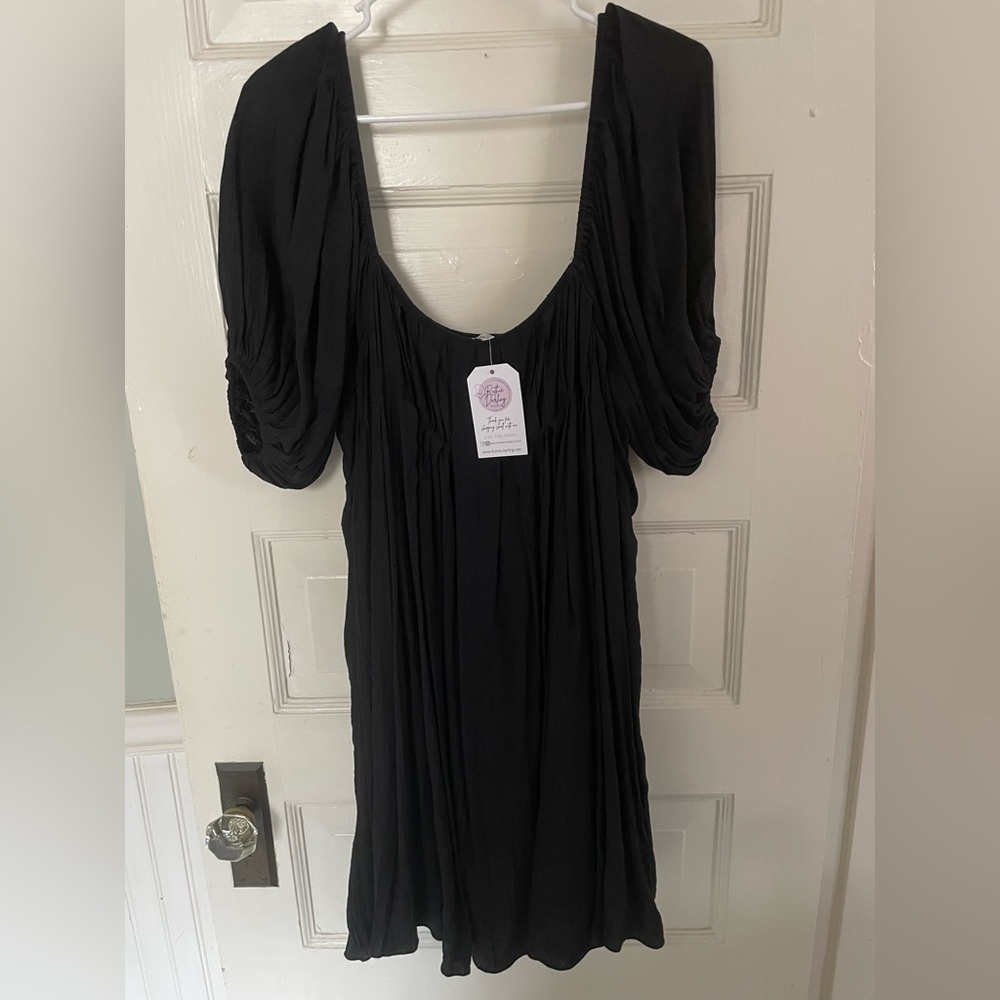 Black Scoop Neck Puff Sleeve Boutique Dress, Babydoll, 1X